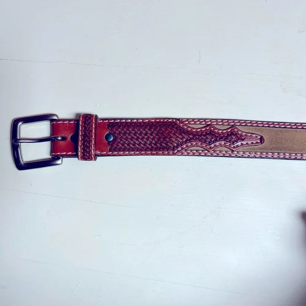 Men’s Leather & Suede Size 42 Handtooled Belt Silver Buck Medallion Accents